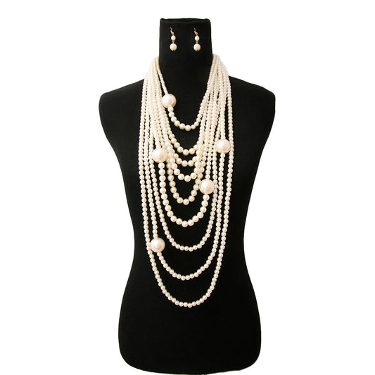 Long Layered Strand Cream Pearl Set