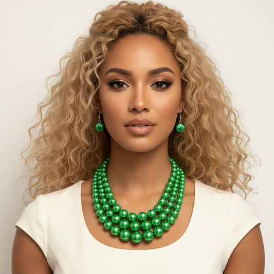 Multi Strand Green Pearl Necklace Set