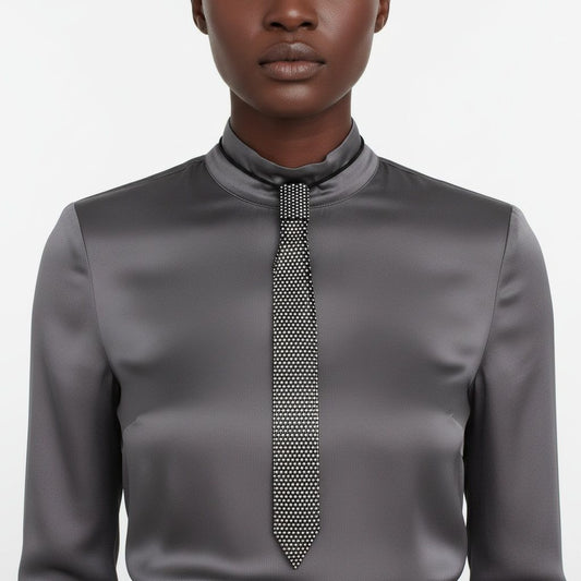 Choker Boss Lady Black Mesh Bling Tie Necklace