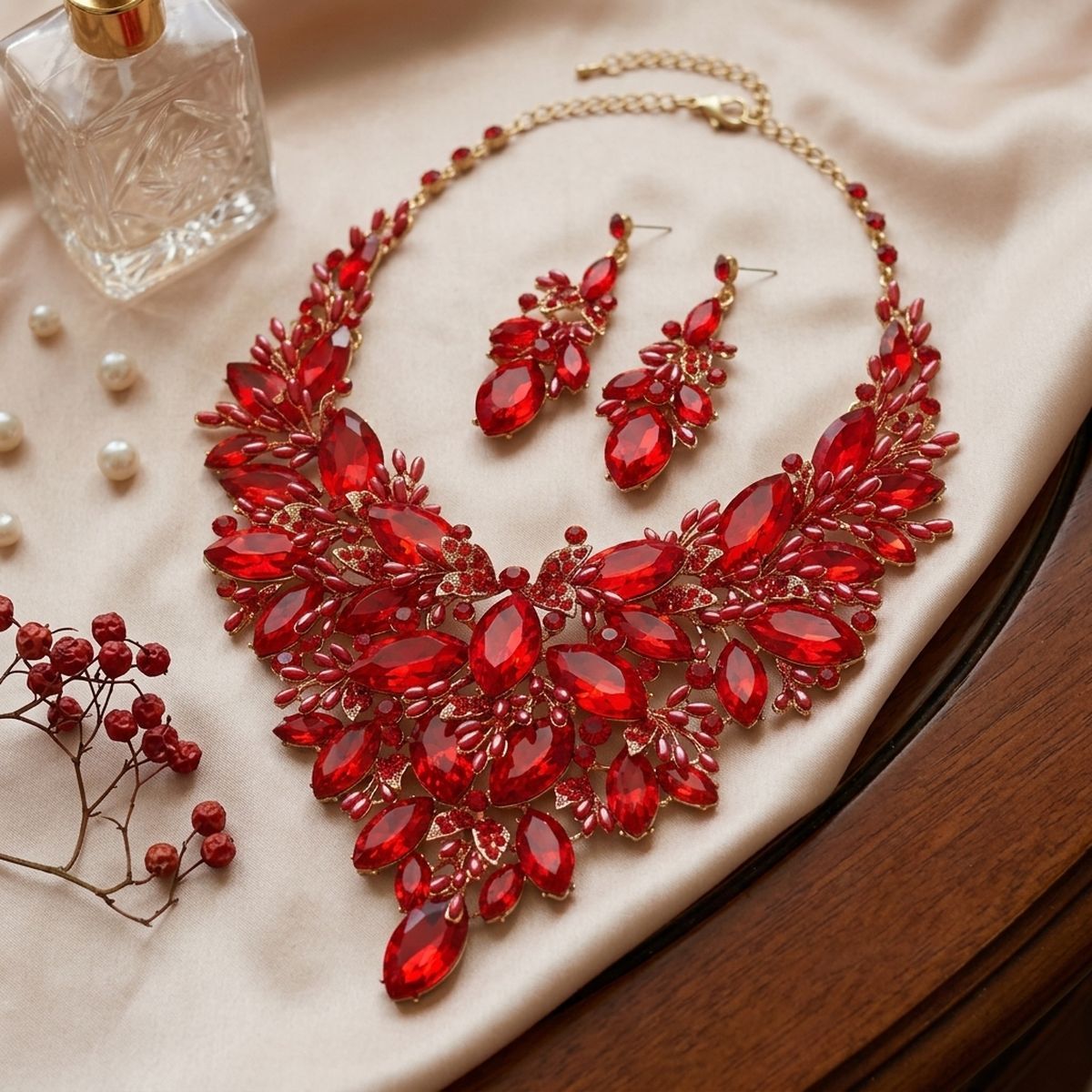 Red Glass Crystal Floral Large Bib Necklace Set