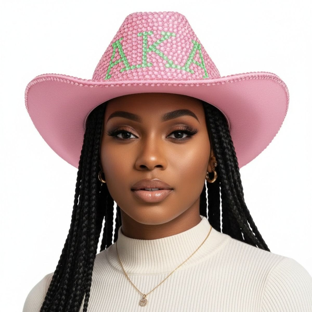 AKA Sorority Pink Green Rhinestone Fedora Hat