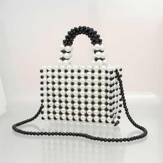 Top Handle Black White Pearl Woven Handmade Bag