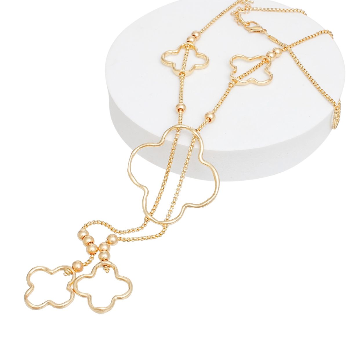 Negligee Long Gold Box Chain Quatrefoil Necklace