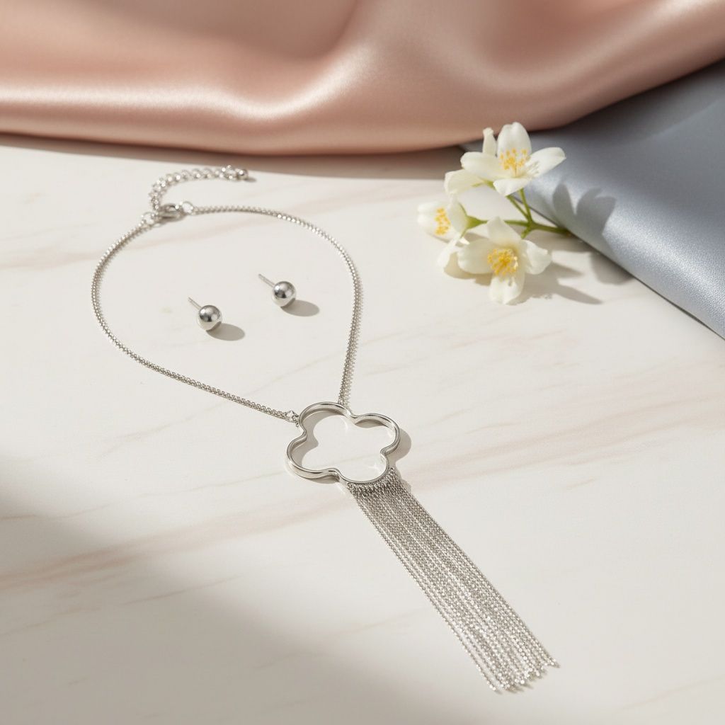 Pendant Silver Trending Quatrefoil Fringe Necklace